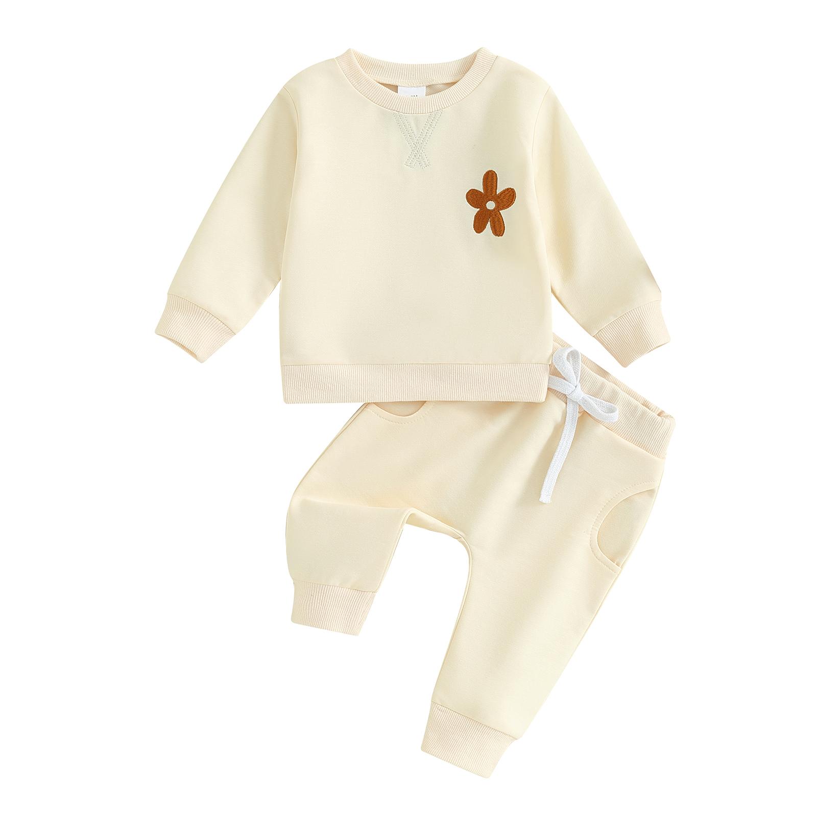 Комплект из 2 предметов для маленьких девочек, 3 мес, 6 мес, 12 мес, 18 мес, 24 мес, 3 года, повседневный комплект из толстовки с круглым вырезом с длинными рукавами и цветочной вышивкой для малышей и однотонных брюк 12-18 Months розовый