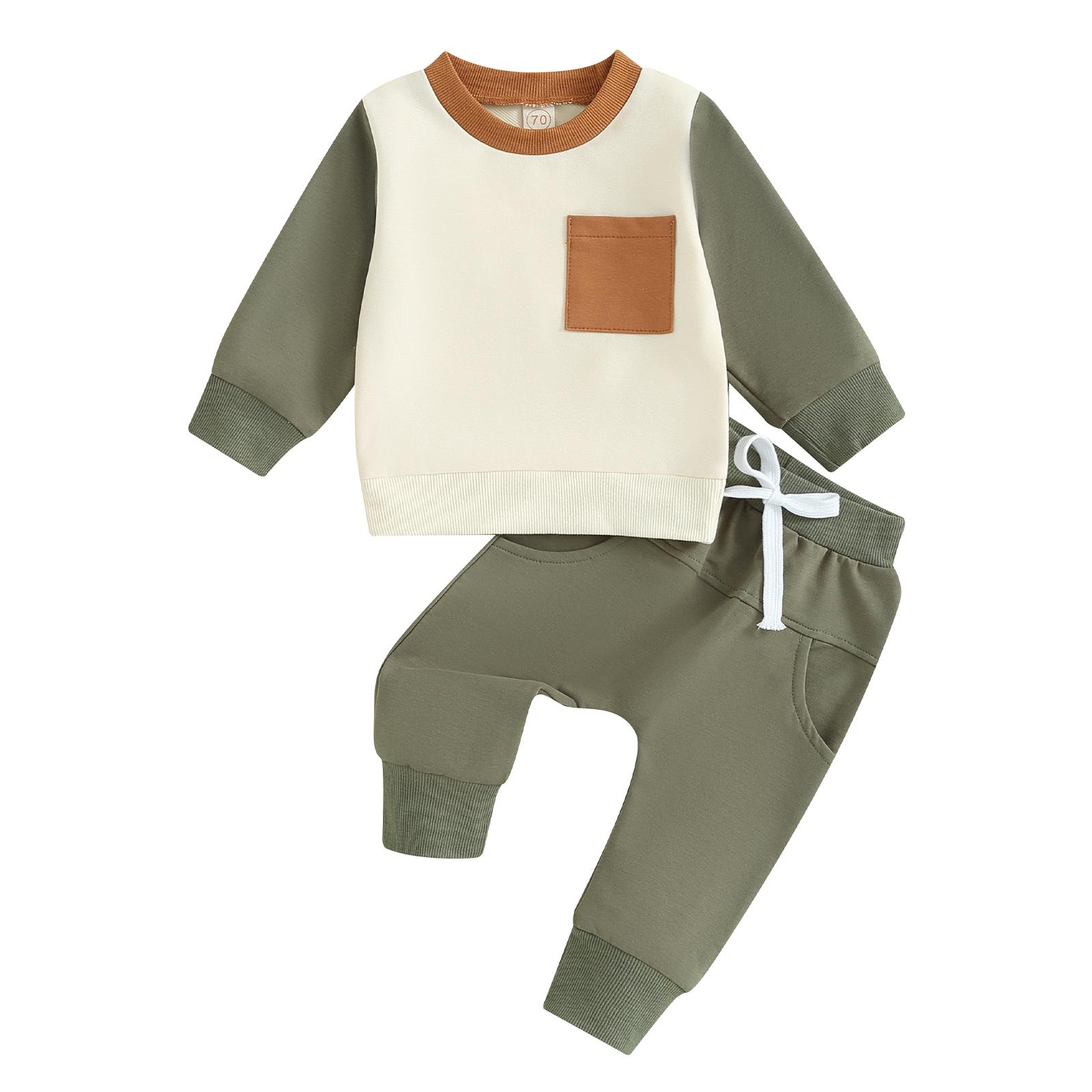 Комплект из 2 предметов для маленьких мальчиков, 3 мес, 6 мес, 12 мес, 18 мес, 24 мес, 3 года, контрастный цвет, толстовка с длинными рукавами и эластичные штаны для малышей, осенняя одежда 12-18 Months армия зеленый